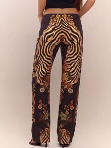 MUSERA Peacock Print Lace Up Straight Leg Printed Jeans Coo - Mocha Brown - View 2