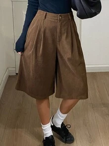 DAZY Solid Cord High Waist Plicated Detail Bermuda Shorts - Brown - View 6
