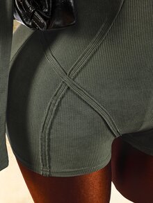 Amplova Solid Rib-Knit Deep V-Collar Unitard Romper - Army Green - View 8