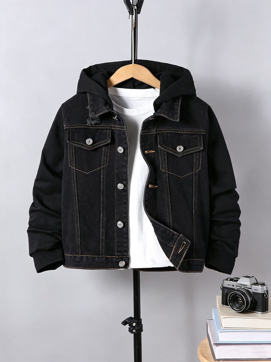 SHEIN Tween Boy 1pc Top-Stitching Flap Pocket Hooded Denim Jacket - Black - View 1