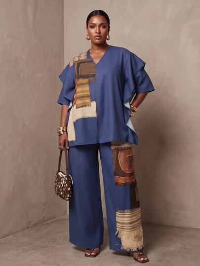 Veslaya Plus Patchwork Print Batwing Sleeve Top & Wide Leg Pants