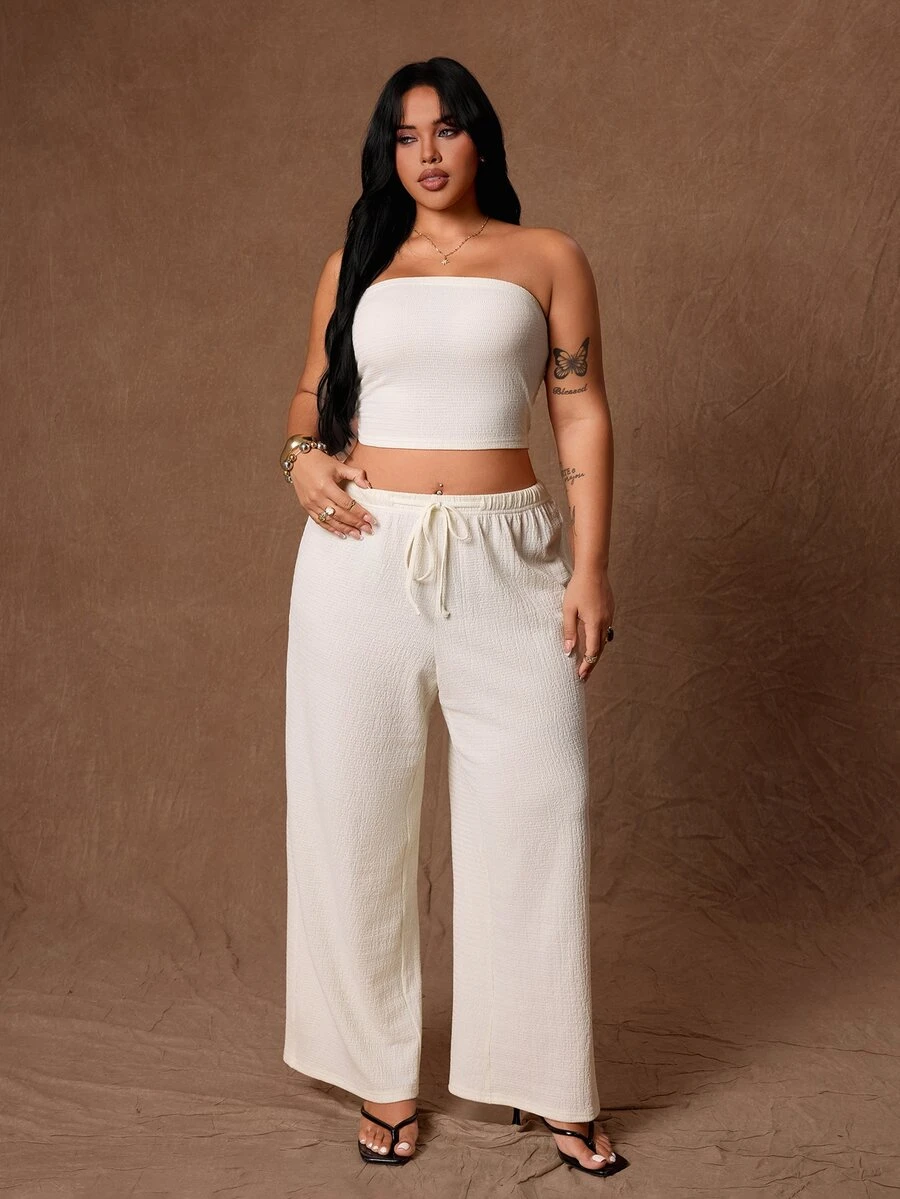 Rustia Ditambah atasan tube crop polos & celana lebar. - Aprikot - View 1
