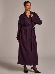 SHEIN BAE Lapel Neck Double Breasted Belted Overcoat - Red Violet - View 7