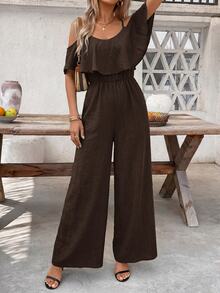 SHEIN Clasi Cold Shoulder Ruffle Trim Wide Leg Jumpsuit - Coffee Brown - View 5