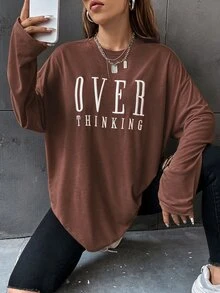 SHEIN Unity 字母刺繡落肩短袖T恤 - 咖啡棕 - 查看 4