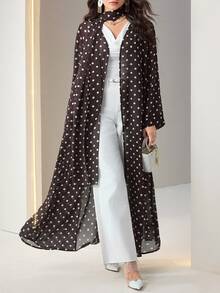 Al Najma Plus Polka Dot Print Open Front Abaya - Brown - View 1