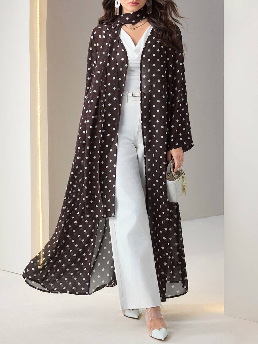 Al Najma Plus Polka Dot Print Open Front Abaya - Brown - View 1