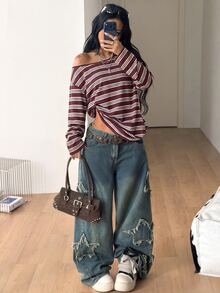 Coolane Contrast Striped Print Asymmetrical Neck Tee - Burgundy - View 2