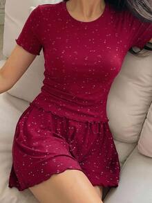 DAZY Lettuce Trim Tee & Shorts PJ Set - Burgundy - View 5