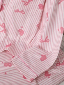 SHEIN 少女條紋蝴蝶結愛心印花對比滾邊睡衣套裝 - 淺粉色 - 查看 5