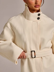 SHEIN BAE Mantel Panjang Berkerah Tegak dengan Sabuk - Aprikot - View 3