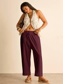 Freevana Pantalones de pierna ancha de color sólido talla grande - Rojo violeta - Ver 4