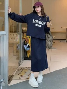 DAZY 女款字母圖案插肩袖套頭運動衫與裙子套裝居家休閒套裝 - 藍色 - 查看 5