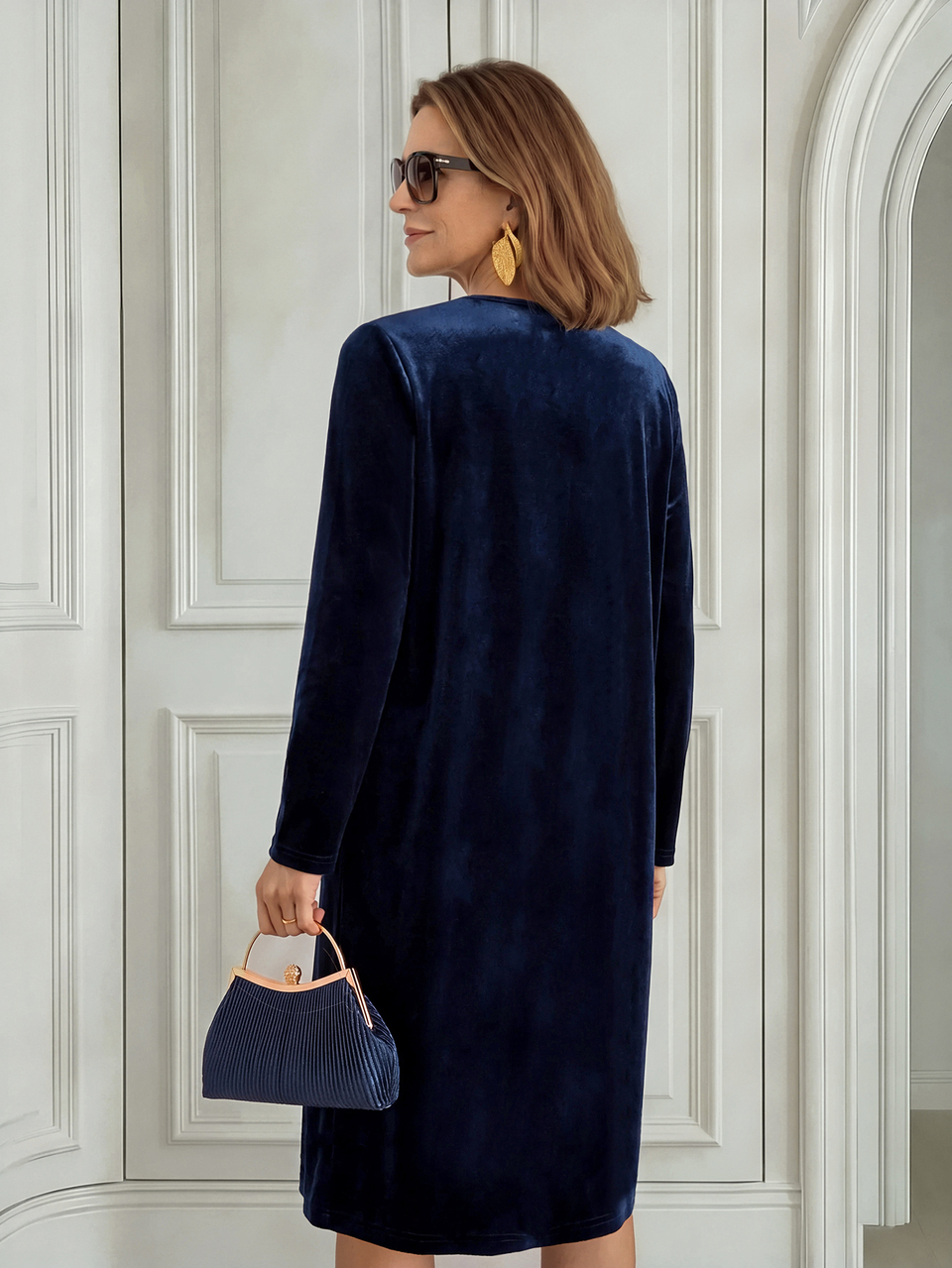 Elegant Luxury, Sparkly Rhinestone V-Neck, Long Dress, Velvet Navy Blue, Long Sleeve, Wedding Guest Party, Christmas Festival, Fall Winter Clothes