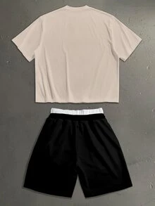 StoneGrade Men Slogan Graphic Tee & Drawstring Waist Shorts - Khaki - View 4