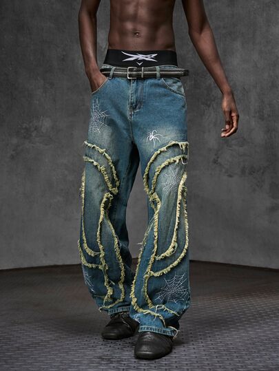 NEON BLANC Men Raw Trim Straight Leg Jeans Without Belt