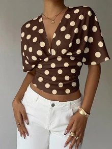 Aloruh Polka Dot Print Batwing Sleeve Tee - Brown - View 8