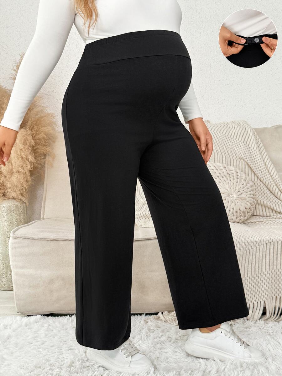 Plussiva Plus Solid Adjustable Waist Wide Leg Pants  Fall/Winter Casual Everyday - Black - View 1