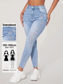 SHEIN PETITE Jeans pitillo de cintura alta con patrón de mariposa de strass - Azul - Ver 10