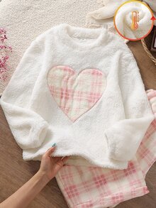 SHEIN Tween Girl Plaid Embroidery Heart Teddy Pullover Top & Pants PJ Set - Pink - View 3
