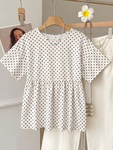 SHEIN EZwear 波點印花荷葉邊上衣 - 白色 - 查看 3