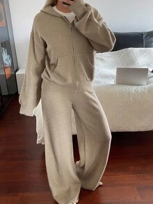 DAZY Solid Drop Shoulder Zip Up Hooded Cardigan & Wide Leg Knit Pants Set Fall - Apricot - View 5