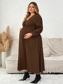 Plussiva 大尺碼孕婦純色前綁帶燈籠袖洋裝 - 棕色 - 查看 4