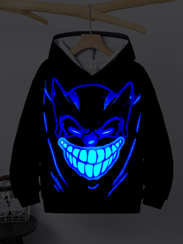 Kids Tween Boys Casual Streetwear Style Fluorescent Devil Print Hooded Sweatshirt, Perfect For The Back-To-School Season In Fall And Winter