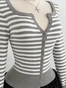 Elamini Grey Plaid Pattern Button Front Cardigan School Autumn French Preppy - Grey - View 4