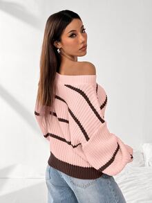 FavEase Striped Pattern Asymmetrical Shoulder Drop Shoulder Sweater - Multicolor - View 2