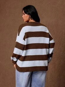 Rustia Plus Striped Pattern Drop Shoulder Cardigan Winter - Multicolor - View 2