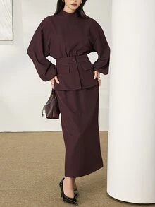 Heiryn Mock Neck Lantern Sleeve Top & Peplum Pencil Skirt Set - Burgundy - View 4