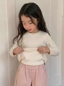 DAZY Young Girl Solid Round Neck Thermal Line Tee - Beige - View 1