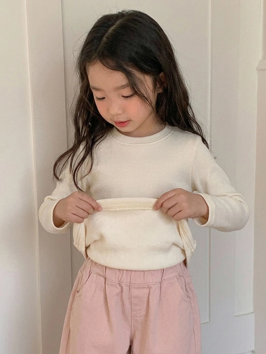 DAZY Young Girl Solid Round Neck Thermal Line Tee - Beige - View 1