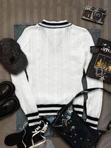 Coolane Striped Trim Cable Knit Sweater - Multicolor - View 7