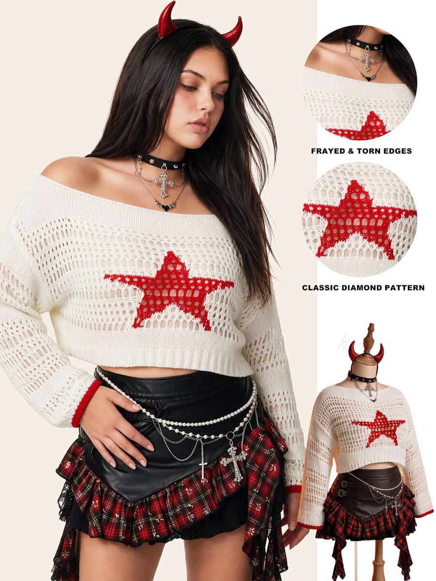 Comfortcana Plus Star Pattern Off Shoulder Pointelle Knit Sweater - Apricot - View 1