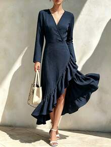 SHEIN Surplice Neck Ruffle Hem Wrap Dress - Navy Blue - View 4