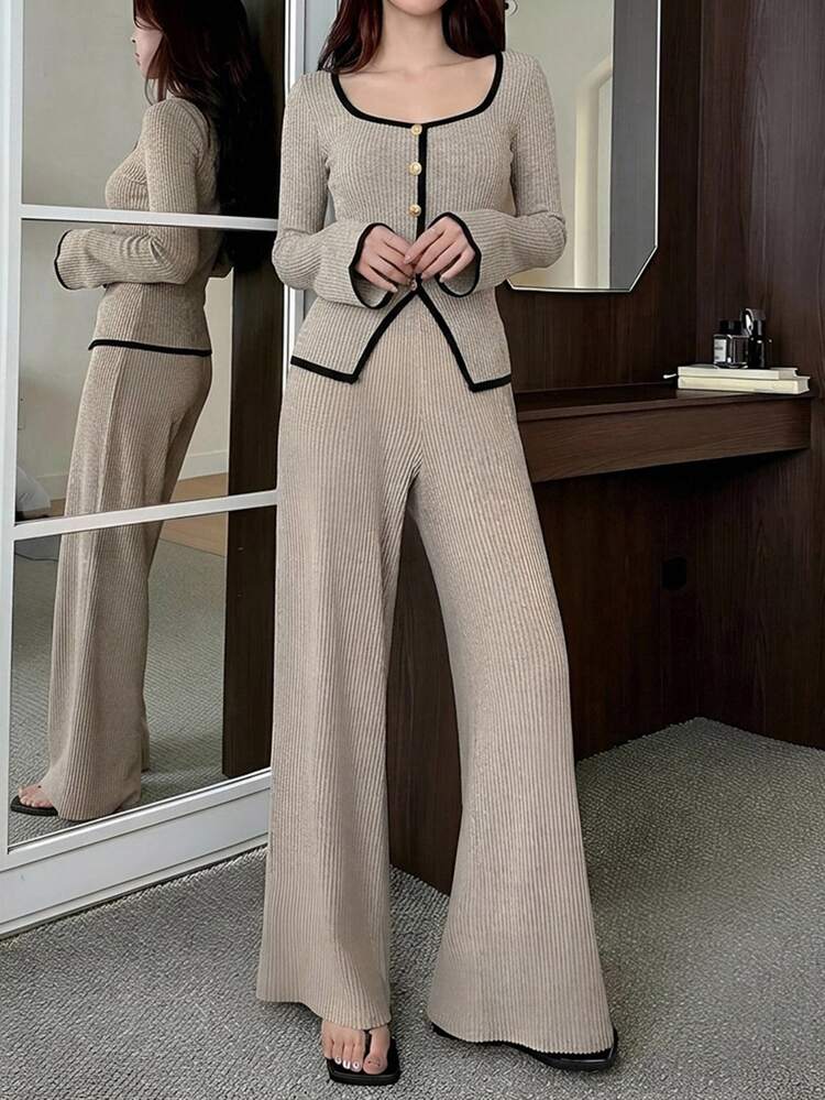 DAZY Contrast Binding Button Front Tee & Wide Leg Pants Lounge Sets For Women - Khaki - View 6
