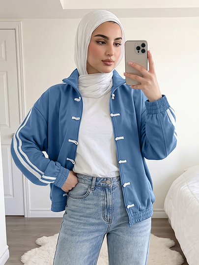 Solavon Çizgili Yan Düşük Omuzlu Fermuarlı Kapüşonlu Üst