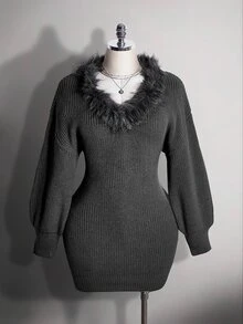 SHEIN ICON Plus Fuzzy Trim Lantern Sleeve Sweater Dress - Dark Grey - View 3