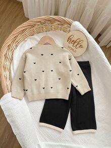SHEIN Baby Girl Heart Pattern Cardigan & Knit Pants - Apricot - View 2
