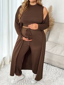 Plussiva Plus Size Maternity Solid Crop Tank Top Pants Open Front Coat Set Dates Post Partum Autumn Lounge Basic Cute Chic Going Out Fall - Brown - View 6