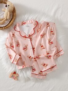 SHEIN 女嬰熊圖案對比滾邊睡衣套裝 親子款 粉色與棕色 淺粉色 秋季可愛 - 彩色 - 查看 8