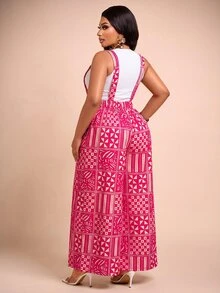 Brilight Patchwork Print Wide Leg Jumpsuit Without Tank Top - Hot Pink - View 2