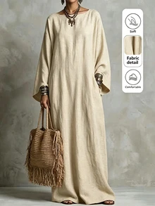 Breezaya Solid Batwing Sleeve Maxi Dress Without Belt - Apricot - View 7
