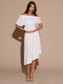 SHEIN BAE Atasan Crop Tanpa Bahu & Rok dengan Hem Asimetris - Putih - View 4
