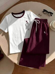 SHEIN EZwear 人體圖案對比滾邊上衣與抽繩腰寬褲套裝 - 酒紅色 - 查看 3
