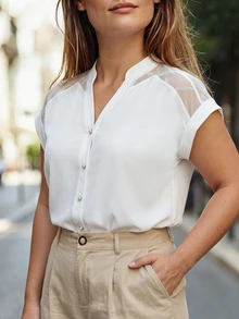 Velvienne Blusa de talla grande con botones delanteros y malla de contraste - Blanco - Ver 6