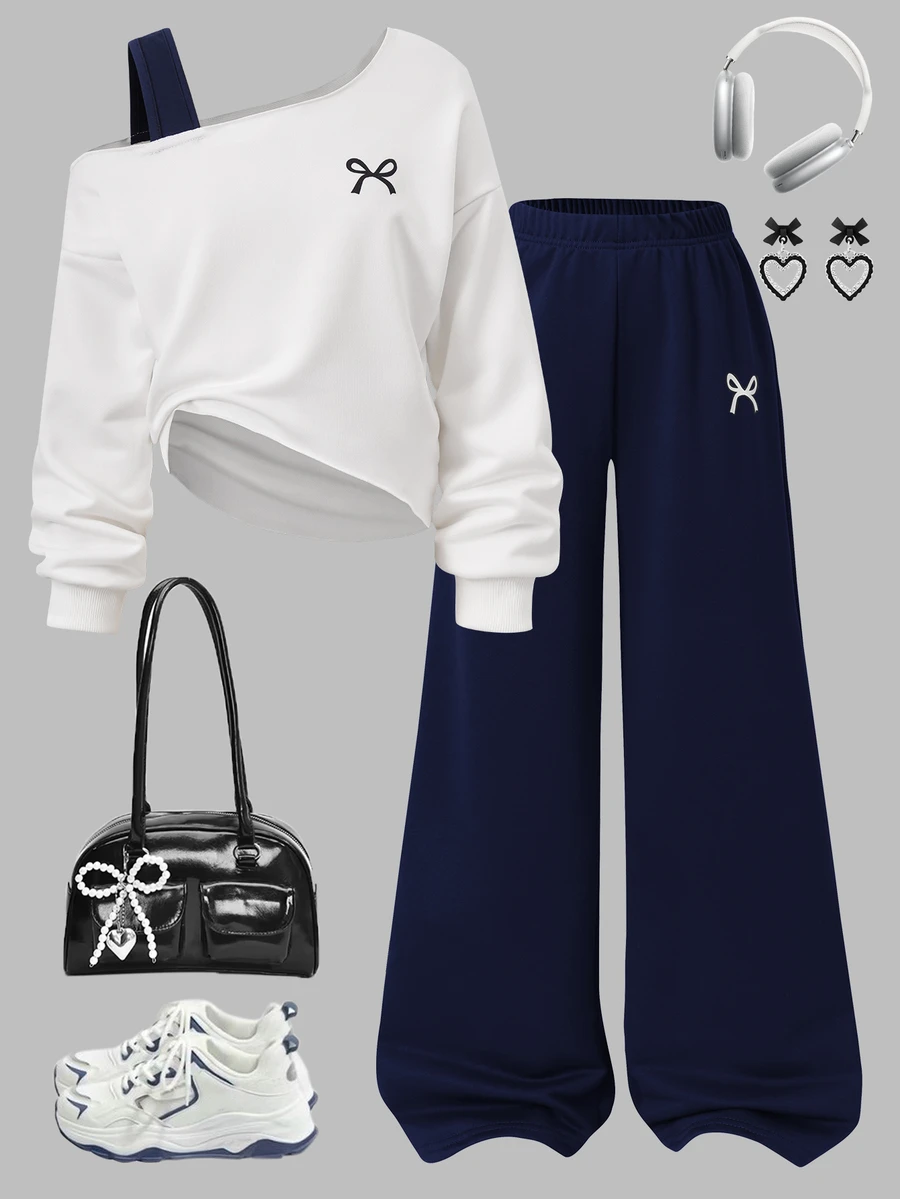 SHEIN Sparklyn 青少年女孩連帽衫與運動衫套裝 - 藍白色 - 查看 1