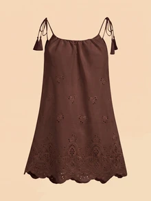 Travachic Tassel Decor Tie Shoulder Cover Up Dress - Brown - View 6